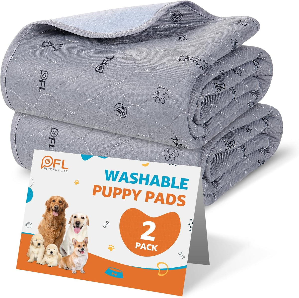 Washable Pee Pads for Dogs, 2Pack Puppy Pads Washable with Bone Print,Absorbent Reusable Whelping Pads Non-Slip Dog Mats for Floor Protector, Couch Cover, Crate, Potty Training 31x36 | Reusable, Waterproof, Machine Washable Dog Pads for Whelping, Potty Tr