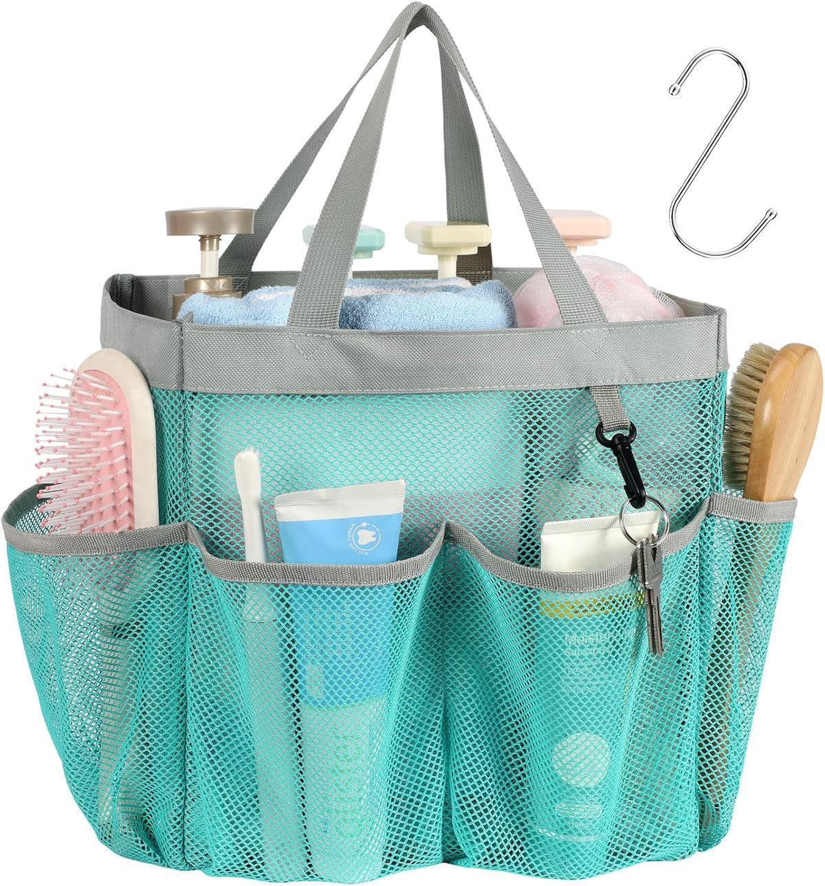 Mesh Shower Caddy Portable - 8 Pockets, S-Hook, Shower Bag for Dorm Camping