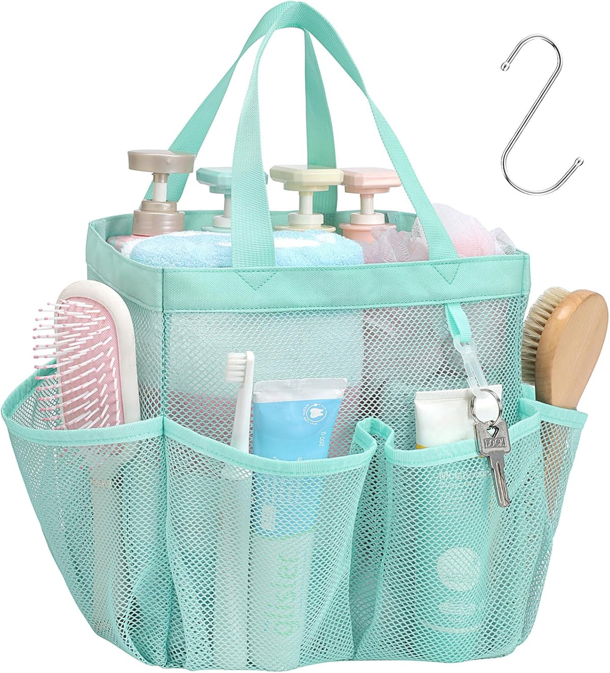 Mesh Shower Caddy Portable - 8 Pockets, S-Hook, Shower Bag for Dorm Camping
