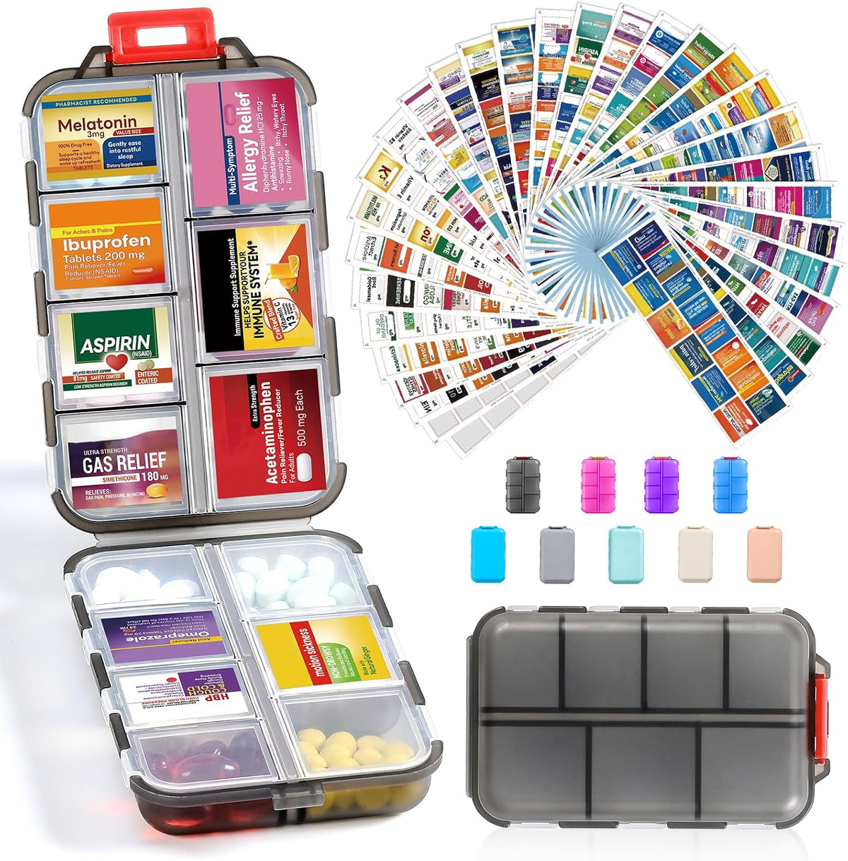 LANDNEOO 14 Grids Pill Organizer Box with Labels, Travel Medication Holder Dispenser Case Kit, Pocket Daily Pharmacy Container for Fish Oil Vitamin Supplement Storage, Khaki Pink Grey, 3 Pack