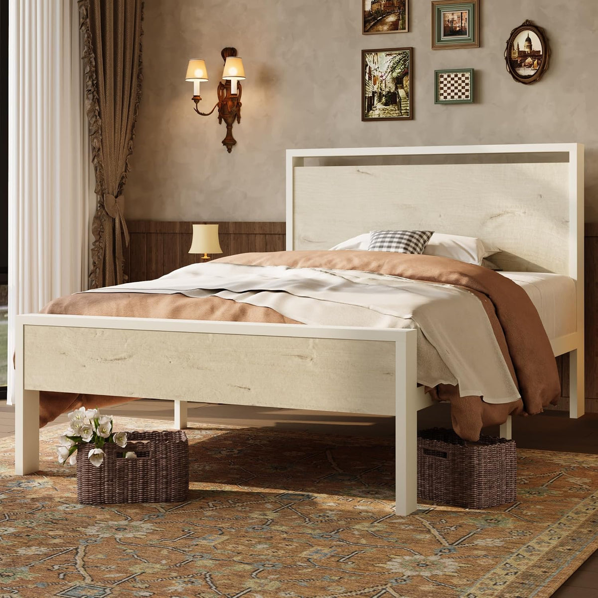 SHA CERLIN Full Size Bed Frame, Wooden Headboard and Footboard, Black Oak