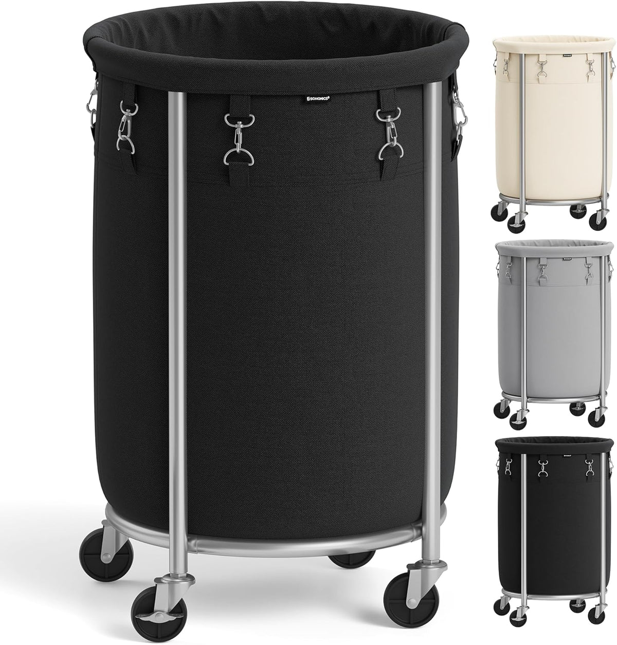 SONGMICS Laundry Basket with Wheels,190L, Steel Frame, Removable Bag