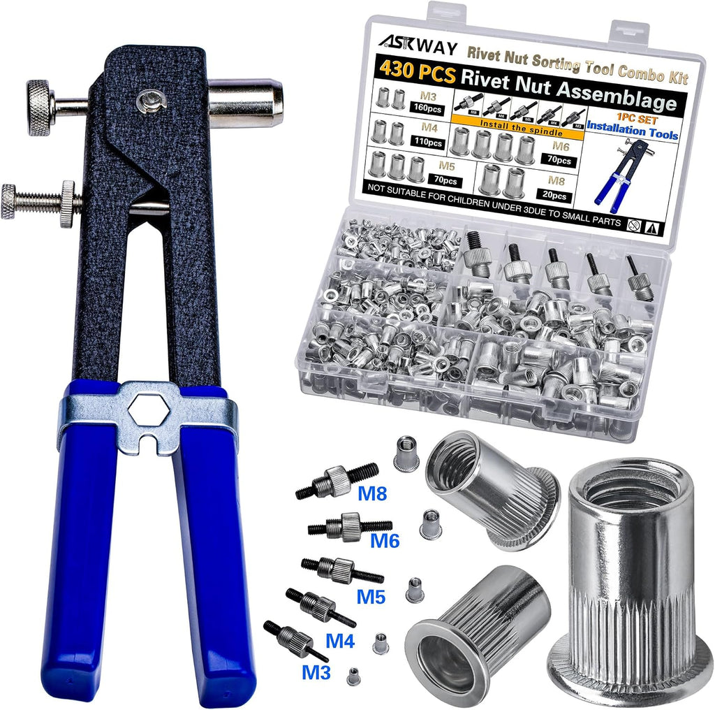 ASKWAY Pressure Rivet Nut Tool Kit, 430Pcs Metric Rivet Nut Combination