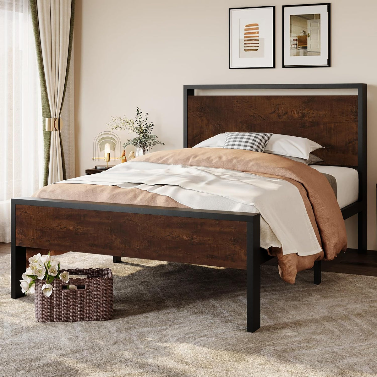 SHA CERLIN Full Size Bed Frame, Wooden Headboard and Footboard, Black Oak