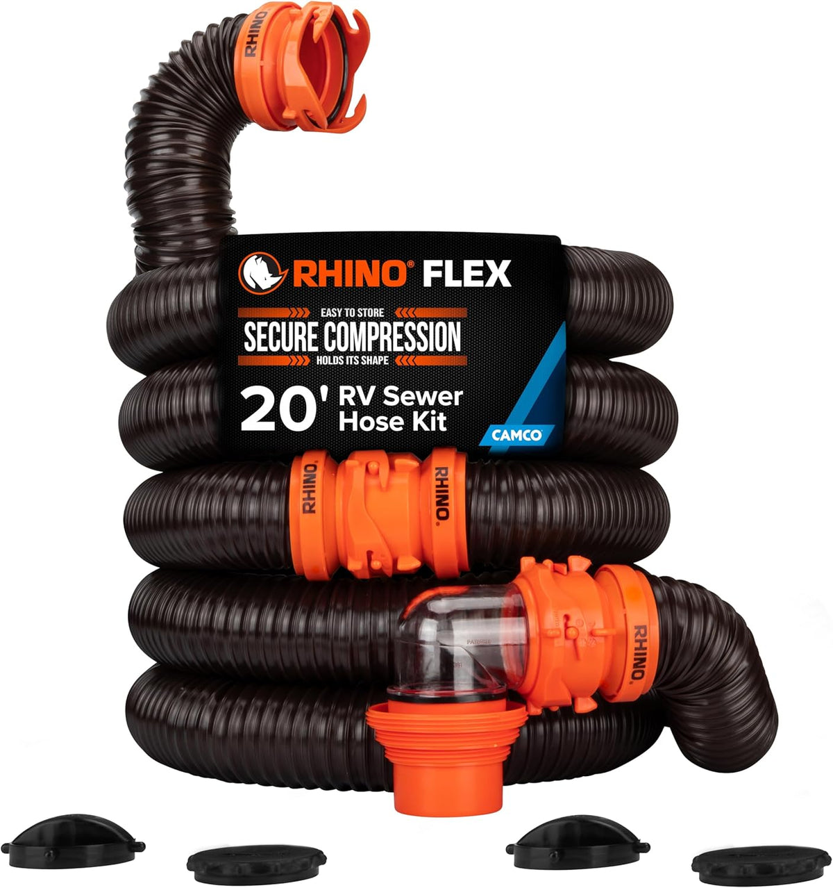 Camco RhinoFLEX 15 Ft Complete RV Sewer Hose Kit, Swivel Bayonet Fittings