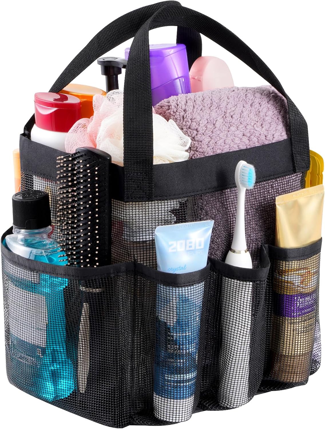 Lifewit Mesh Shower Caddy Portable for College Dorm Room Essentials with 7 Pockets, Freestanding Hanging Organizer Basket, Quick Dry Tote Bag for Camping, Bathroom, Beach, Travel, 1 Pack, Black