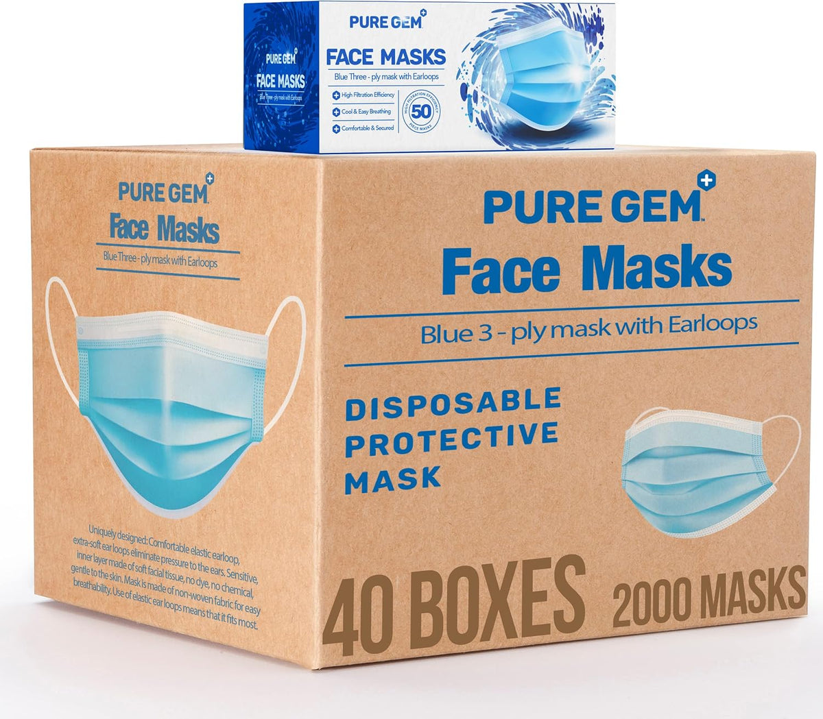 PURE GEM 150-Pack Blue Disposable Face Masks, 3-Ply, Nose Clip and Earloops