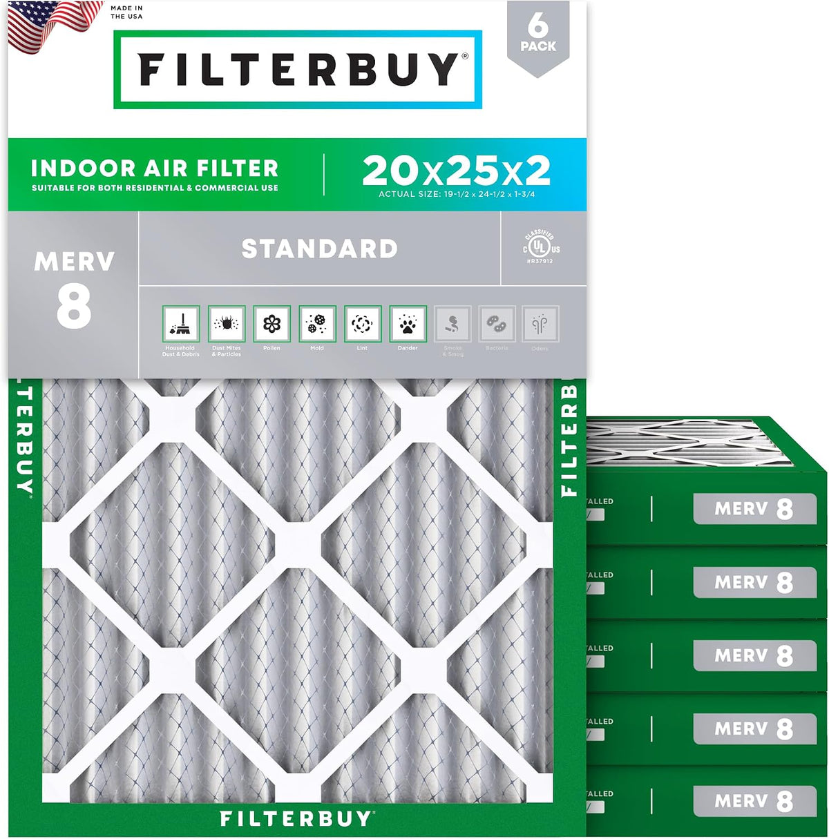 Filterbuy 16x25x1 Air Filter MERV 8 Dust & Allergy Defense (6-Pack)