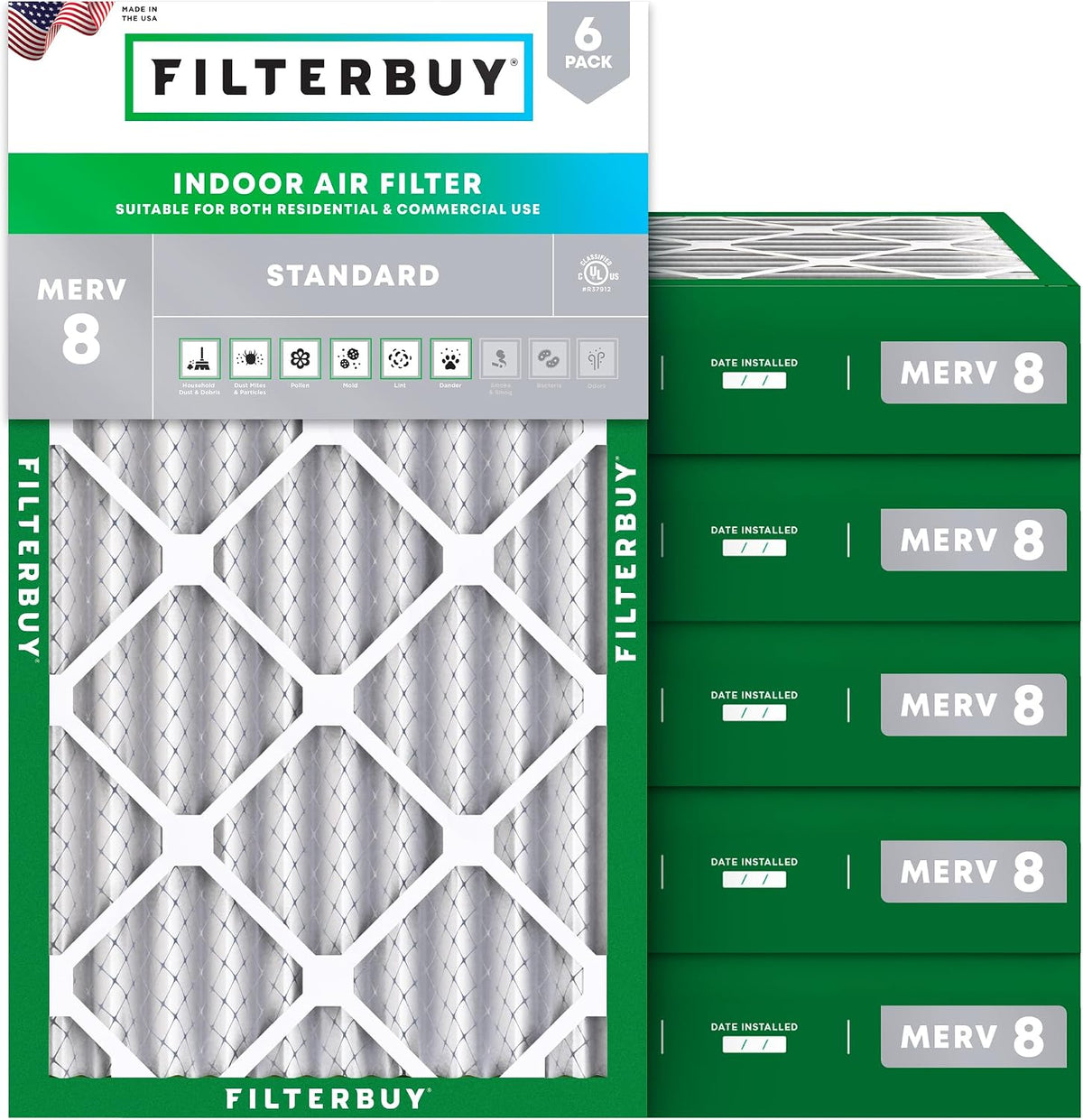 Filterbuy 16x25x1 Air Filter MERV 8 Dust & Allergy Defense (6-Pack)