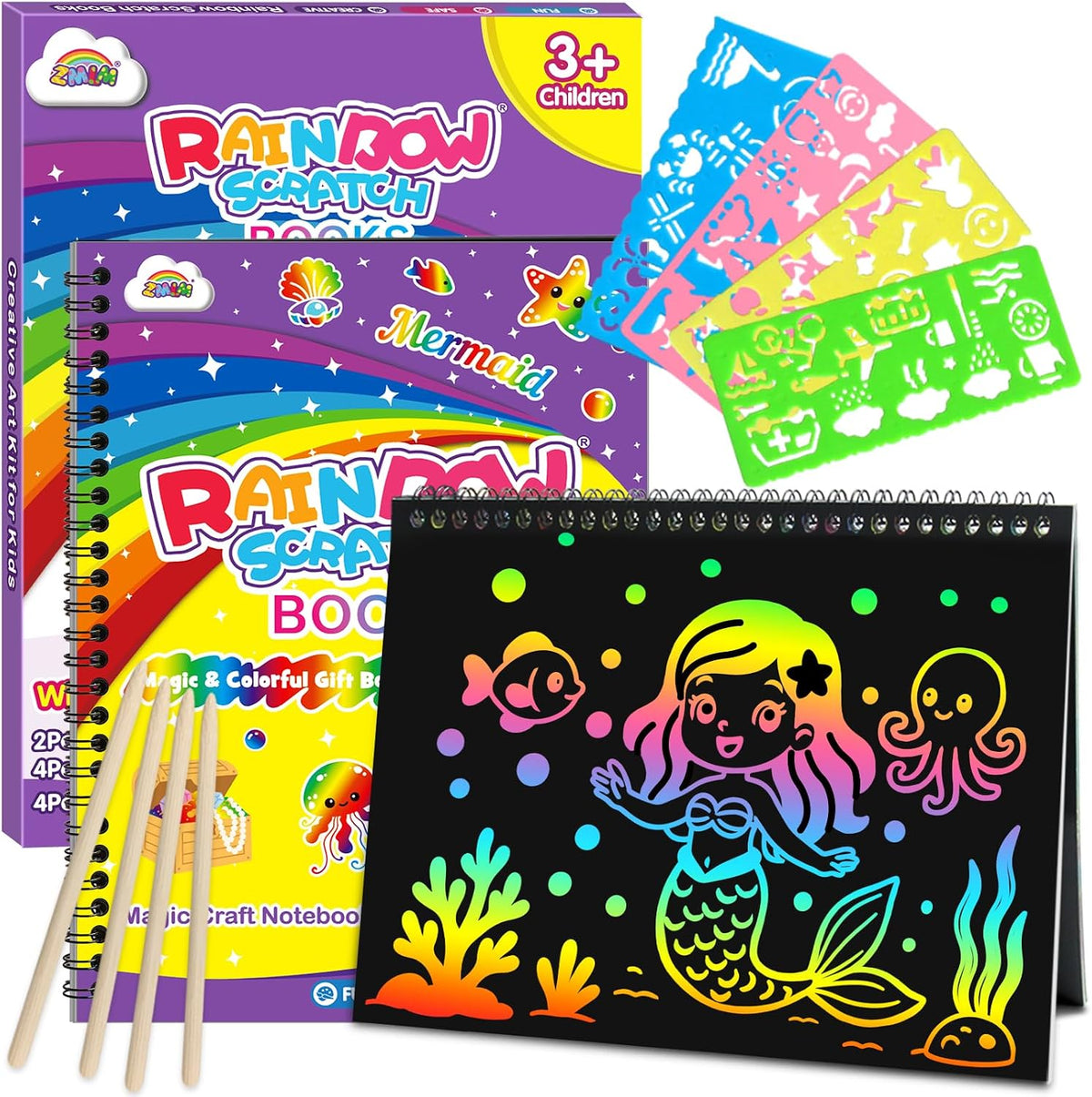 ZMLM Scratch Paper Art-Crafts Gift: 2 Pack Rainbow Notebooks Supplies Toys