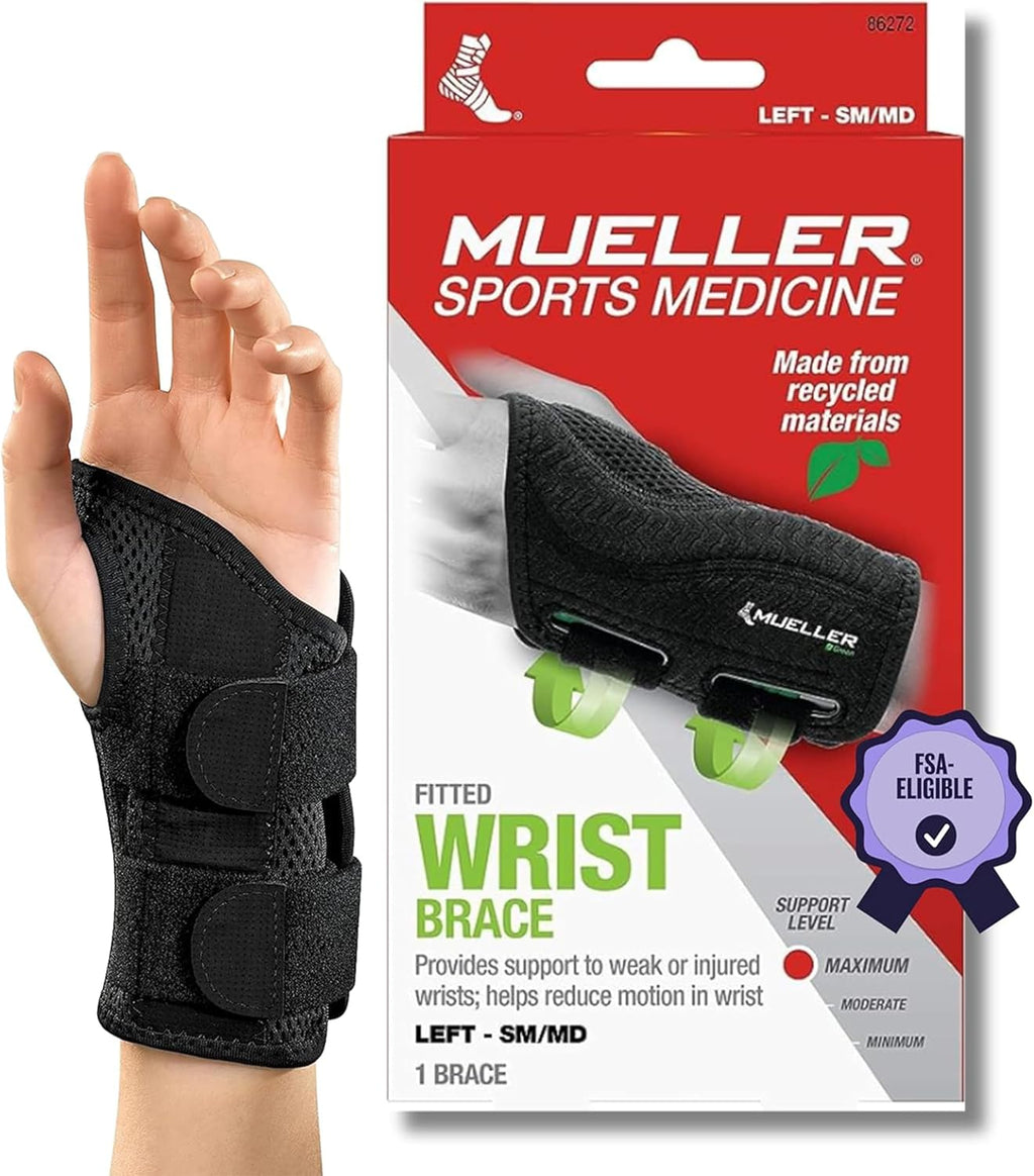 MUELLER Sports Medicine Green Fitted Wrist Brace for Men and Women, Wrist Pain Relief Support, Ideal for Carpal Tunnel, Tendonitis, Arthritis, Right Hand, Black, Small/Medium