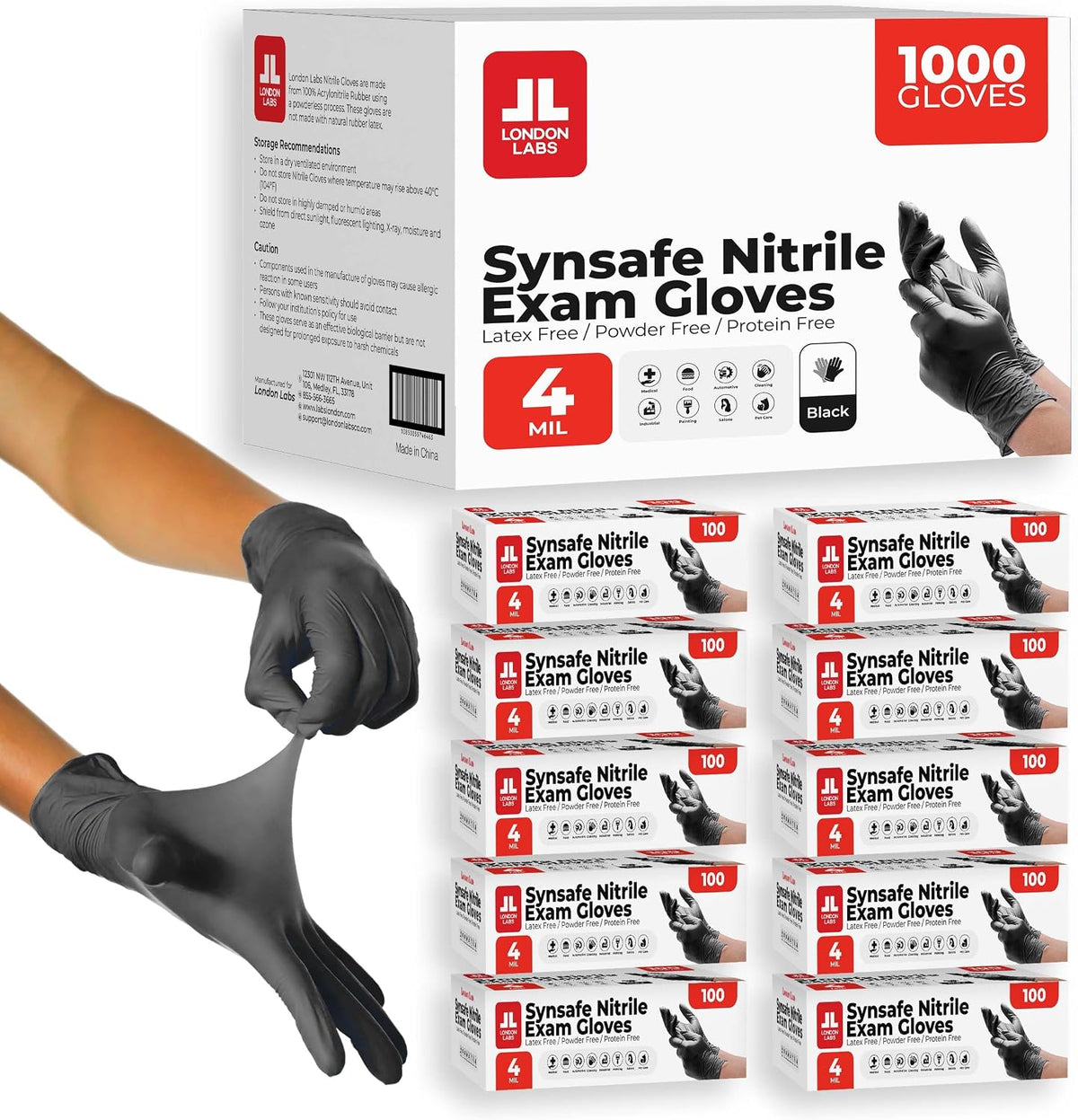 London Labs Synsafe 4 Mil - Black Nitrile Exam Gloves - Disposable Latex Free & Powder Free Rubber Gloves - Medical, Cooking