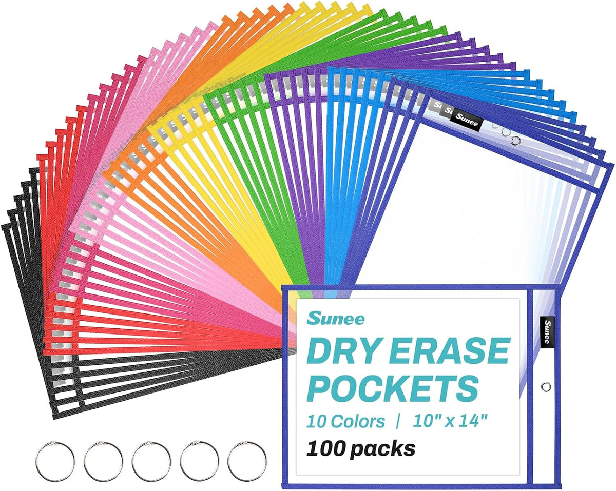 SUNEE 30 Packs Oversized Reusable Dry Erase Pocket Sleeves with 2 Rings, 10 Assorted Colors 10x14 Ticket Holders, Clear Plastic Sheet Protectors, Teacher School Classroom Supplies