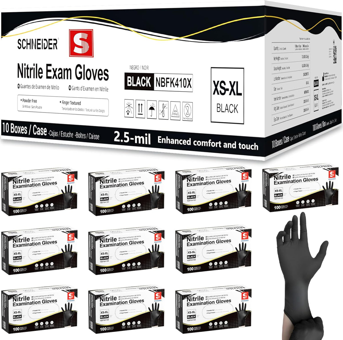 Schneider Black Nitrile Gloves, Gloves Disposable Latex Free, Powder Free