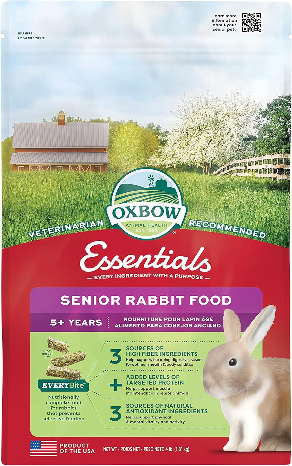 Oxbow Essentials Young Rabbit Food, High-Fiber Rabbit Pellets, USA, 5 lb