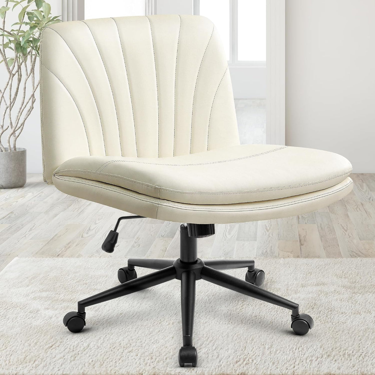 Orange Factory Criss Cross Chair, Wide Fabric Vanity Desk Seat, Beige Wheel