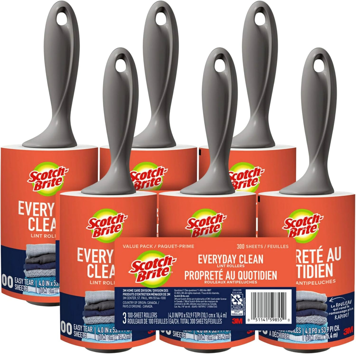 Scotch-Brite Everyday Clean Lint Roller, 300 Sheets Total,3 Pack