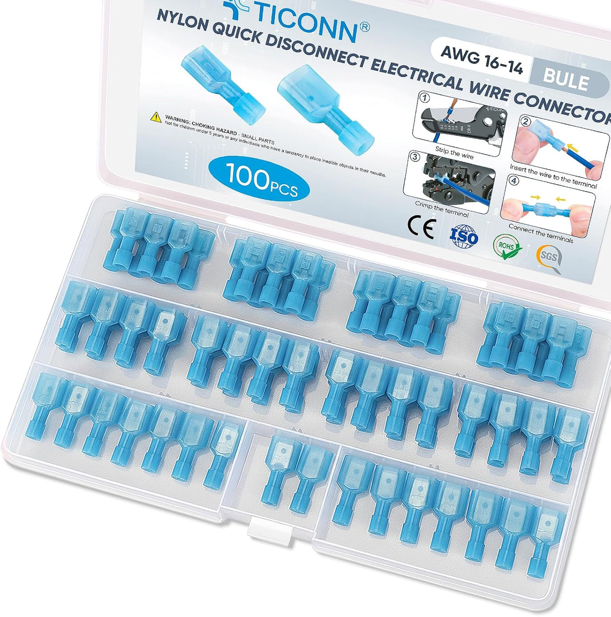 TICONN 100 Pcs Nylon Spade Connector Kit, Insulated Crimp Wire Connectors
