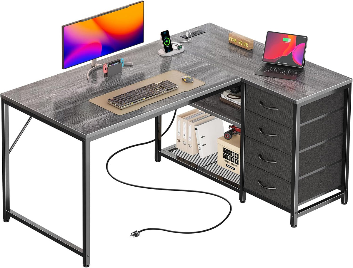 PRAISUN 61" L Shaped Desk with Power Outlets & 4 Drawers