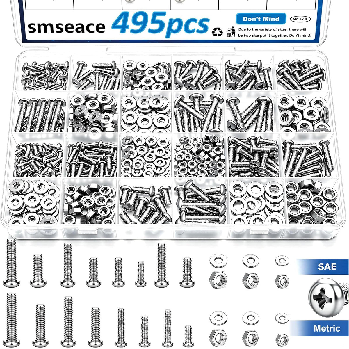 smseace 516Pcs Nuts and Bolts Assortment Kit 21-Sizes M3/M4/M5/M6 Nut Bolt Washer Assortment Kit for Machinery, Furniture, Automotive, Motorcycle Repairs
