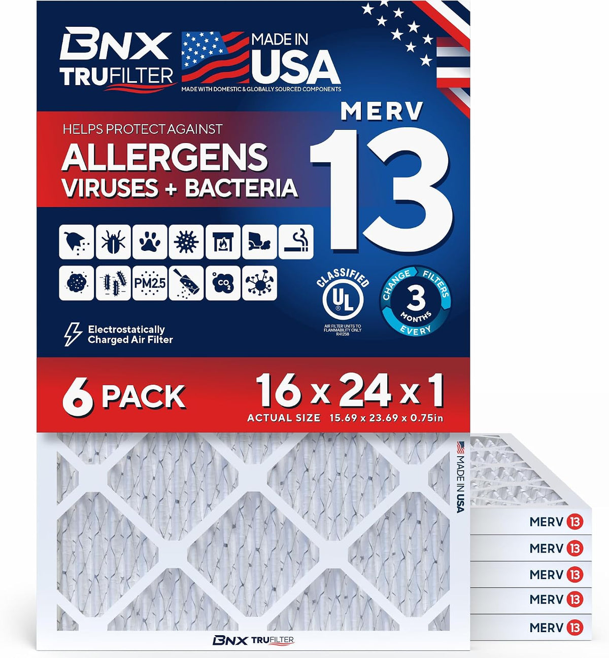 BNX TruFilter 20x20x1 Air Filter MERV 13 AC Filter, HVAC Furnace Filter, 6 Pack (ACTUAL SIZE 19.69"x19.69"x0.75") Allergies, Dust, Pet Dander & Smoke - MADE IN USA - MPR1500 / FPR 10
