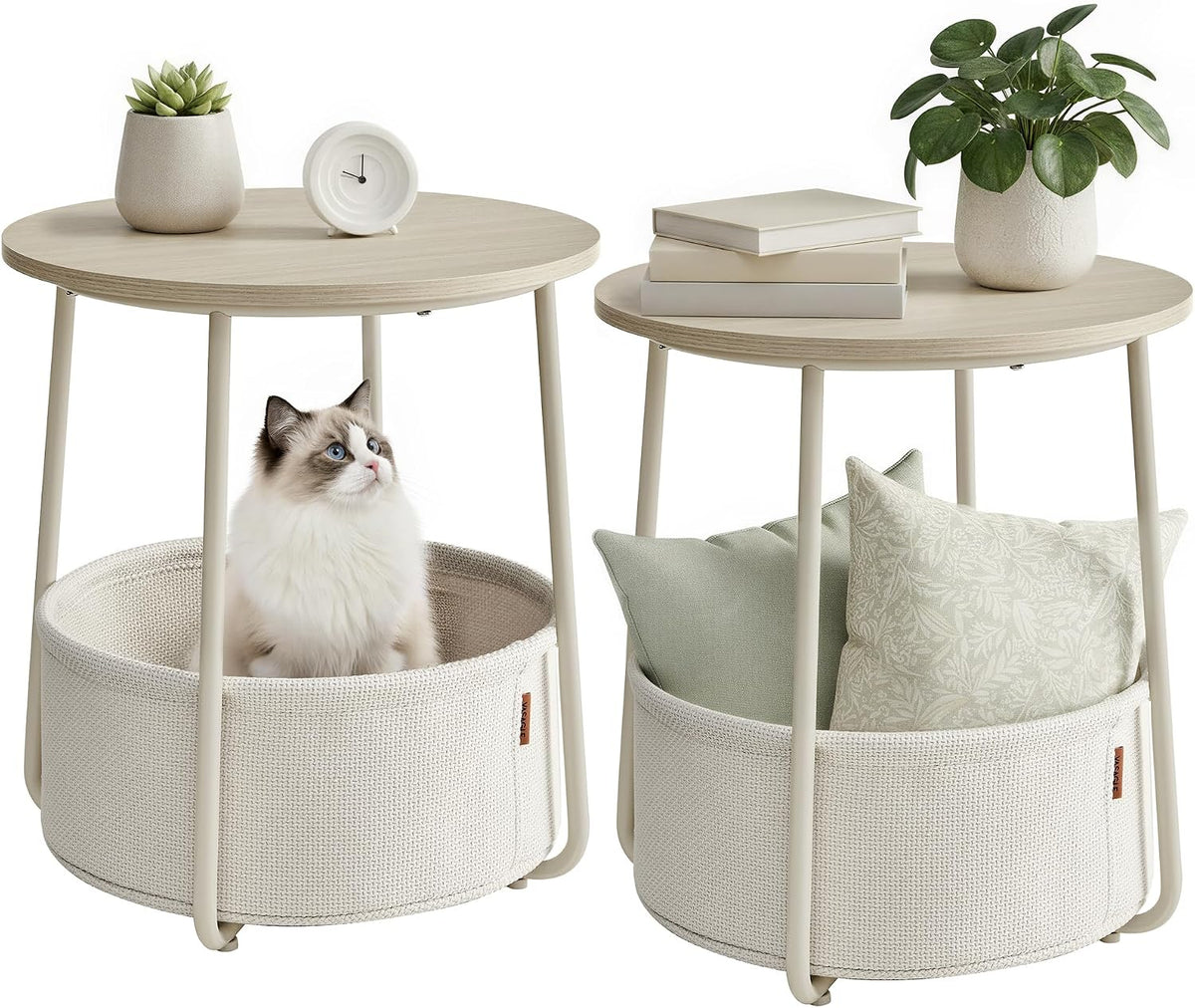 VASAGLE Small Round Side End Table, Small Nightstand with Fabric Basket