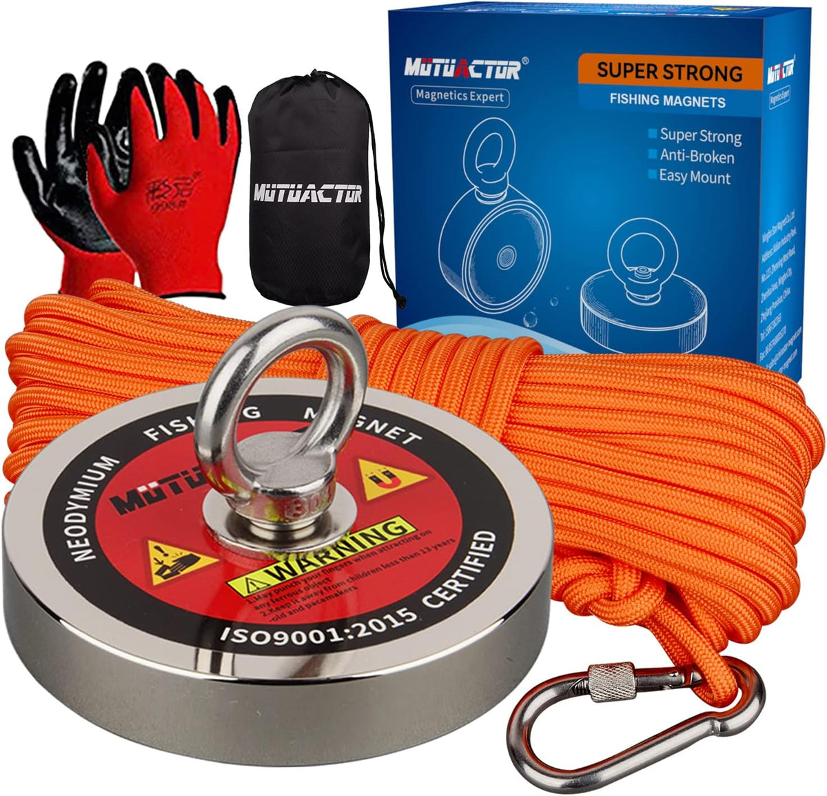 MUTUACTOR Magnet Fishing Kit,Φ2.36''Heavy Duty Neodymium N52 Magnet with 20m(64 Foot) Durable Rope,500lbs Pulling Force Permanent Strong Rare Earth Magnets for Lifting Objects Hunting Lost Treasures