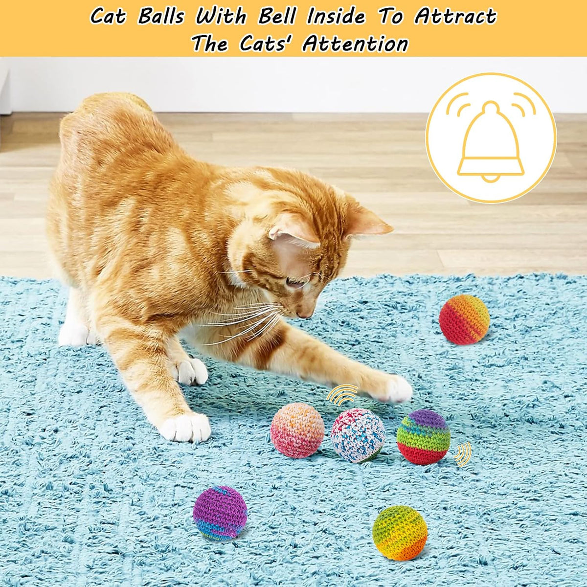 Retro Shaw Cat Toys Balls, Wool Yarn Cat Ball with Bell Inside, 6Pcs
