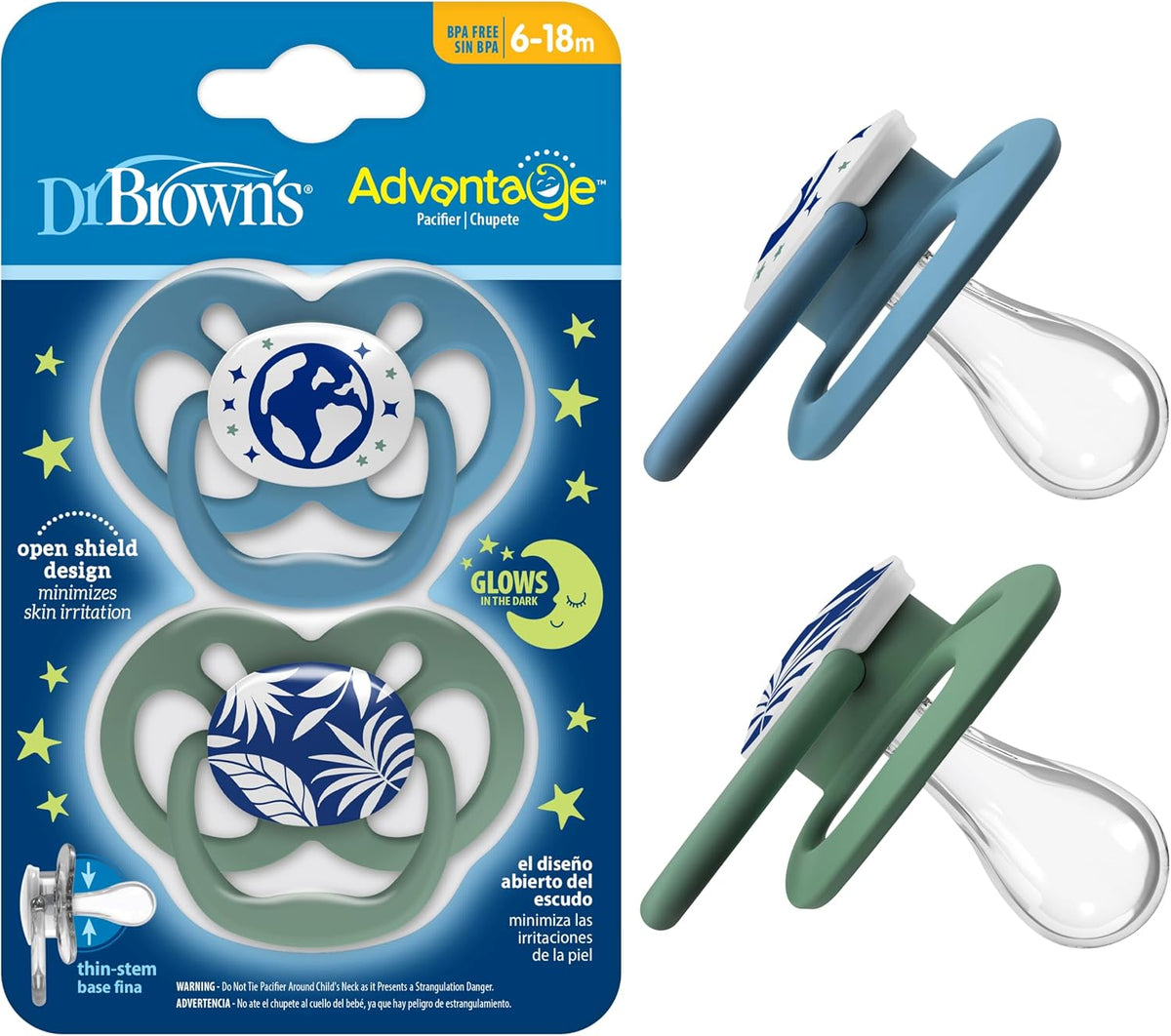 Dr. Brown's Advantage Glow-in-the-Dark Baby Pacifier, Fully Symmetrical Soother with Soft Silicone Bulb, Skateboard Snail-Blue Nature, 6-18m, BPA Free, 4 Pack