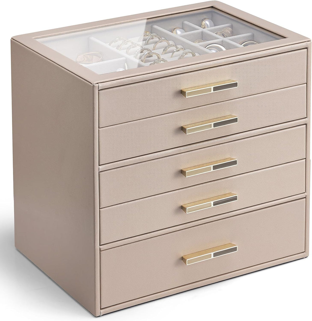 VLANDO Jewelry Box Organizer, 3-Layer Storage Drawers, Glass Window, Modern