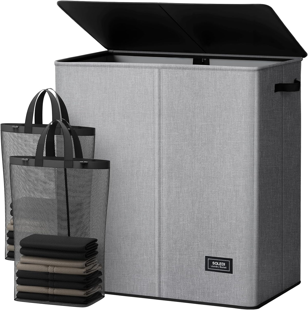 SOLEDI Luxury Double Laundry Hamper with Lid and Removable Bags, 38.3 Gal Large Laundry Bin, Laundry Basket 2 Sections, Collapsible Clothes Hamper for Bedroom, Laundry Room, Bathroom, Off-white