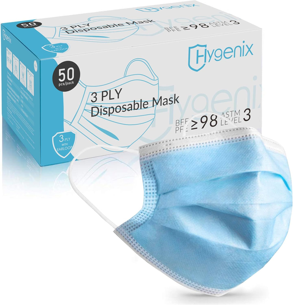 Hygenix FDA Cleared ASTM Level 3 Procedure Face Masks, Made in USA, ≥98% Filtration, Fluid Resistant, 3-Ply Ear Loop, 50 Pack