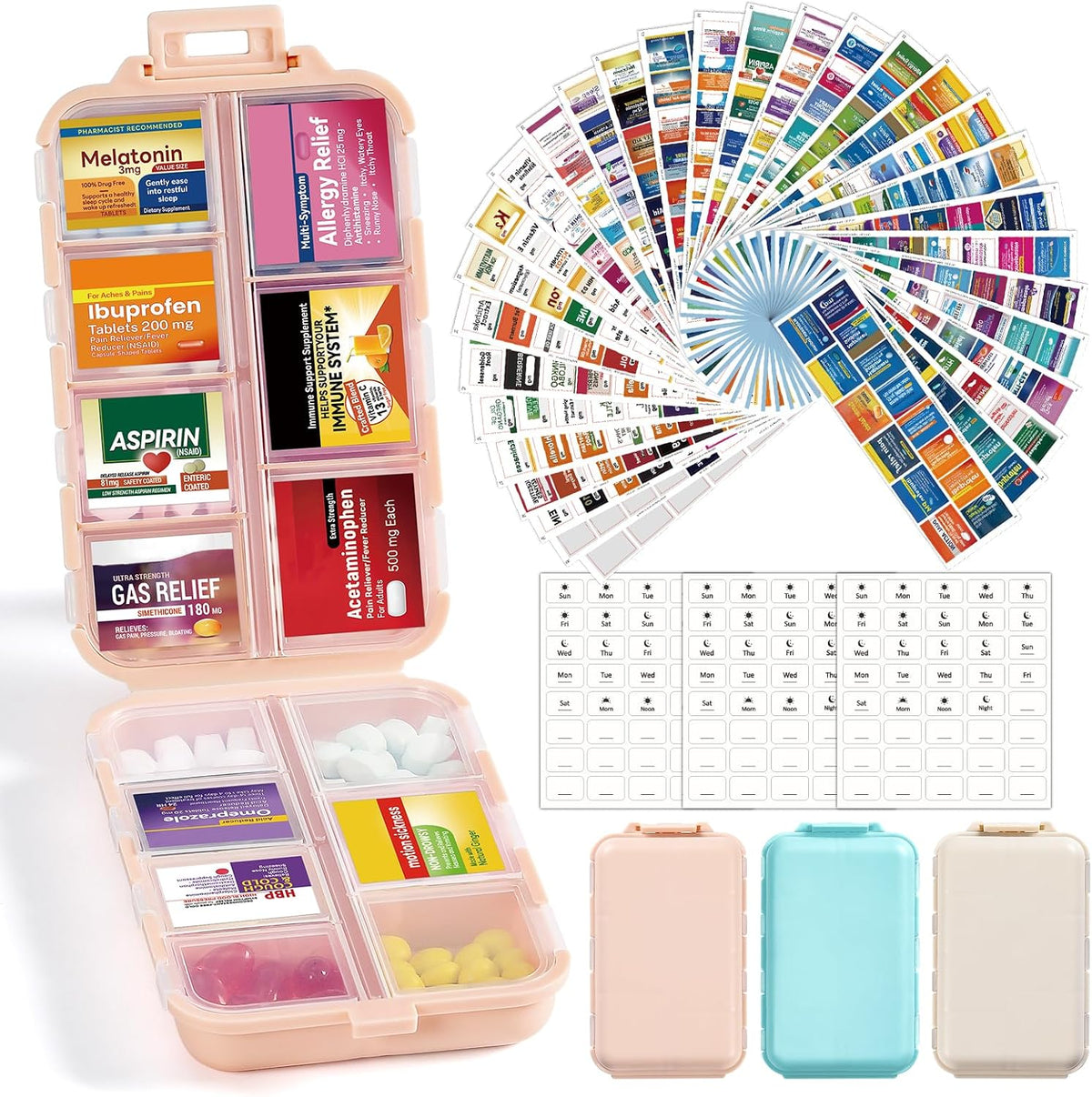 LANDNEOO 14 Grids Pill Organizer Box with Labels, Travel Medication Holder Dispenser Case Kit, Pocket Daily Pharmacy Container for Fish Oil Vitamin Supplement Storage, Khaki Pink Grey, 3 Pack