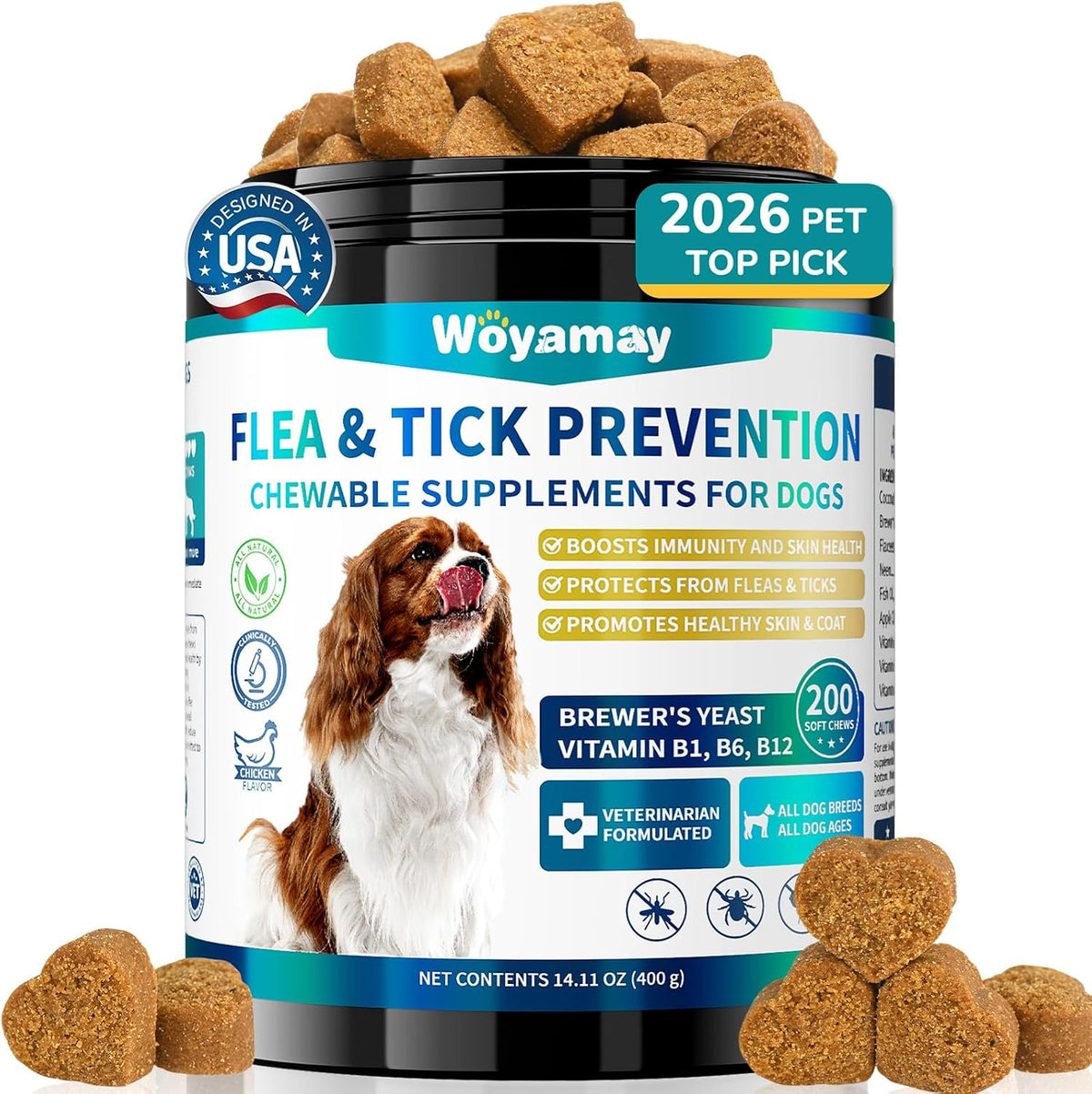 Woyamay Flea and Tick Prevention for Dogs, Dog Flea and Tick Treatment | Natural Flea Treatment Dogs Chews, Oral Flea Treatment for Dogs, Flea and Tick Chews for Dogs Puppies All Breeds, 200 Chews
