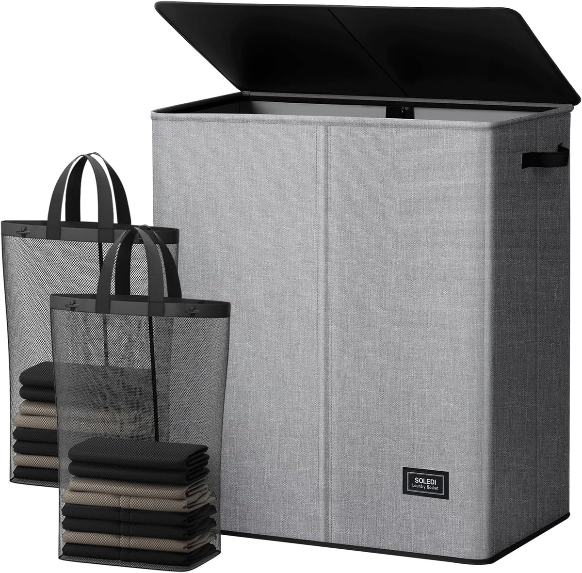 SOLEDI Luxury Double Laundry Hamper with Lid and Removable Bags, 38.3 Gal Large Laundry Bin, Laundry Basket 2 Sections, Collapsible Clothes Hamper for Bedroom, Laundry Room, Bathroom, Off-white