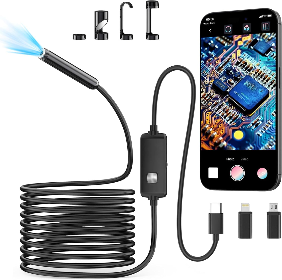 Endoscope Camera with Light,1920P HD Borescope with 8 Adjustable LED Lights