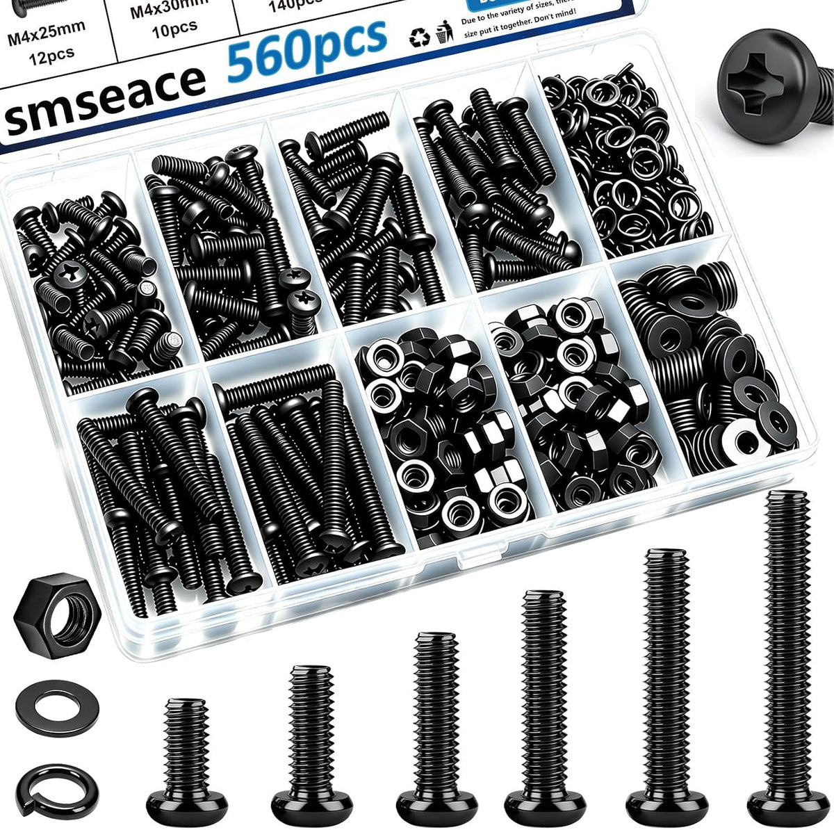 smseace 516Pcs Nuts and Bolts Assortment Kit 21-Sizes M3/M4/M5/M6 Nut Bolt Washer Assortment Kit for Machinery, Furniture, Automotive, Motorcycle Repairs