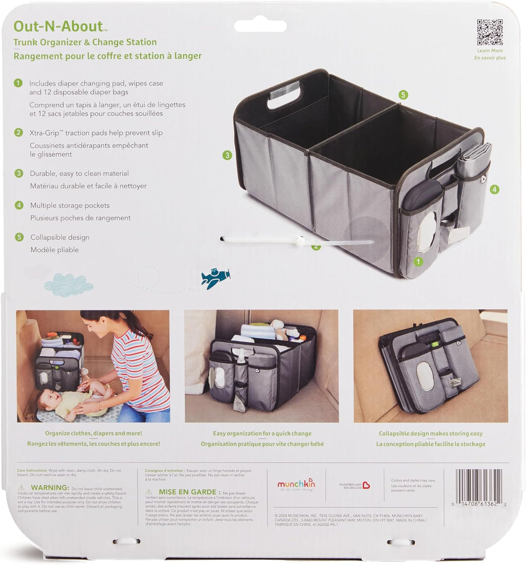 Munchkin Out-n-About Trunk Organizer for SUVs and Cars with Portable Changing Pad and Wet Baby Wipes for Diaper Changes On-the-Go, Collapsible, Grey
