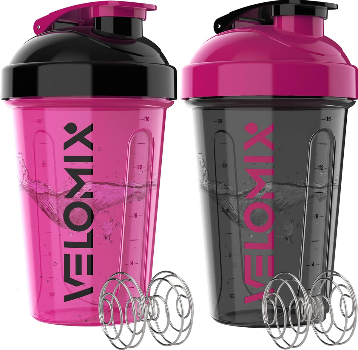 VELOMIX 2 Pack 20oz Protein Shaker Bottle for Protein Mixes, Black/Transpar