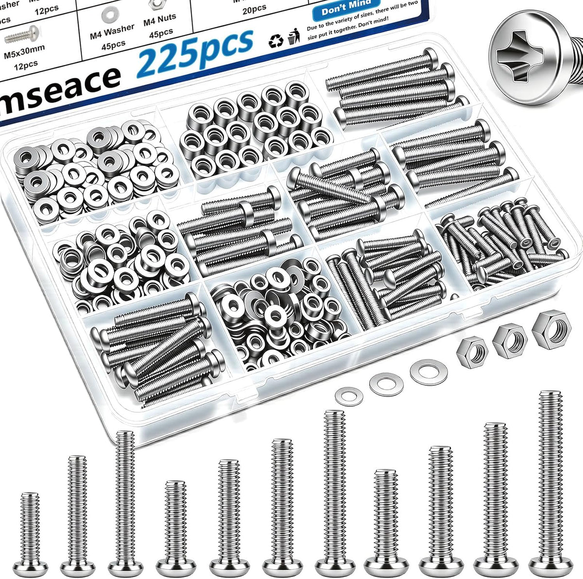 smseace 516Pcs Nuts and Bolts Assortment Kit 21-Sizes M3/M4/M5/M6 Nut Bolt Washer Assortment Kit for Machinery, Furniture, Automotive, Motorcycle Repairs
