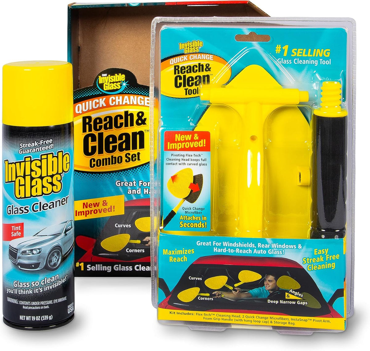 Invisible Glass 99031 Reach & Clean Glass Windshield Cleaner Tool Combo Kit With Premium Aerosol Glass Cleaner, Extendable Handle, (2) Reusable Quick Change Microfibers, and Storage Bag