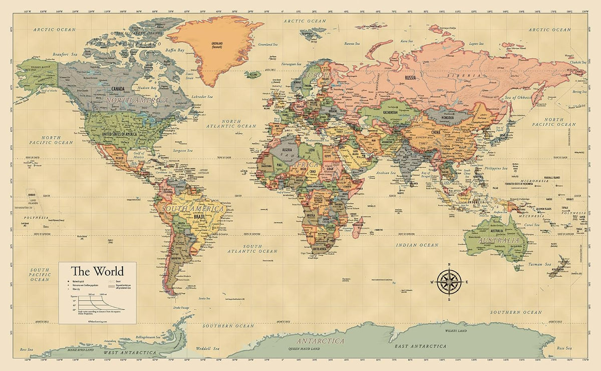 Laminated World Map Poster - Wall Chart Map of Earth - 18" x 29" (Blue)