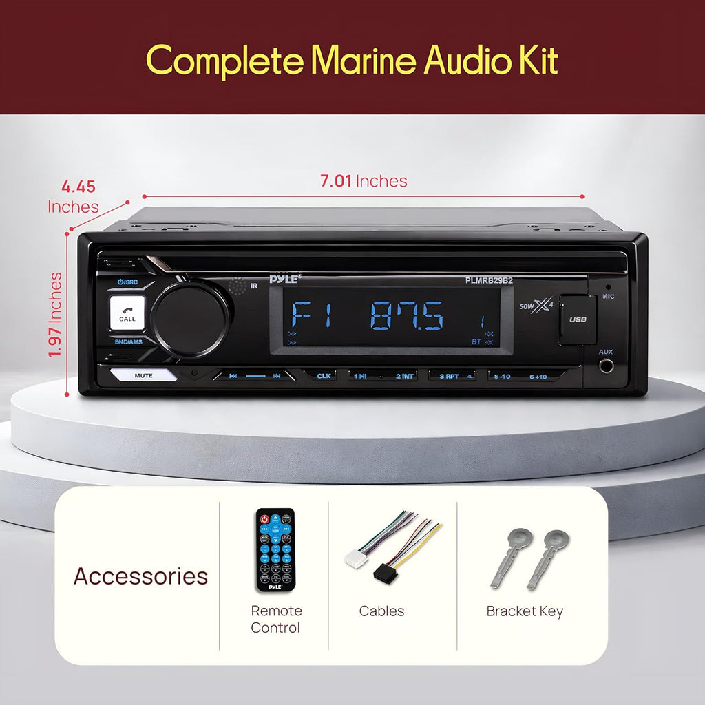 Pyle Marine Bluetooth Stereo Radio - 12v Single DIN Style Boat In dash Radio Receiver System with Built-in Mic, Digital LCD, RCA, MP3, USB, AM FM Radio - Remote Control - PLMRB29B (Black)