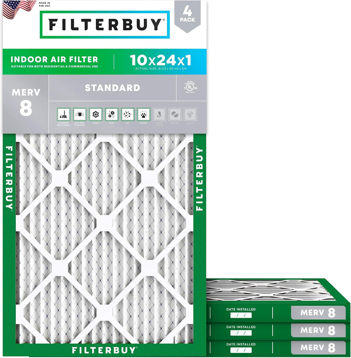 Filterbuy 16x20x1 Air Filter MERV 8 Dust & Allergy Defense (4-Pack)