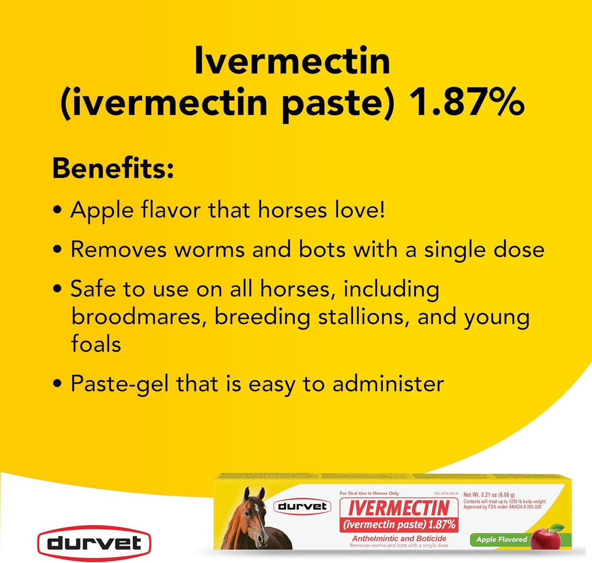 Ivermectin Paste 1.87% Horse Dewormer - Apple Flavored Oral Syringe 6.08g Tube