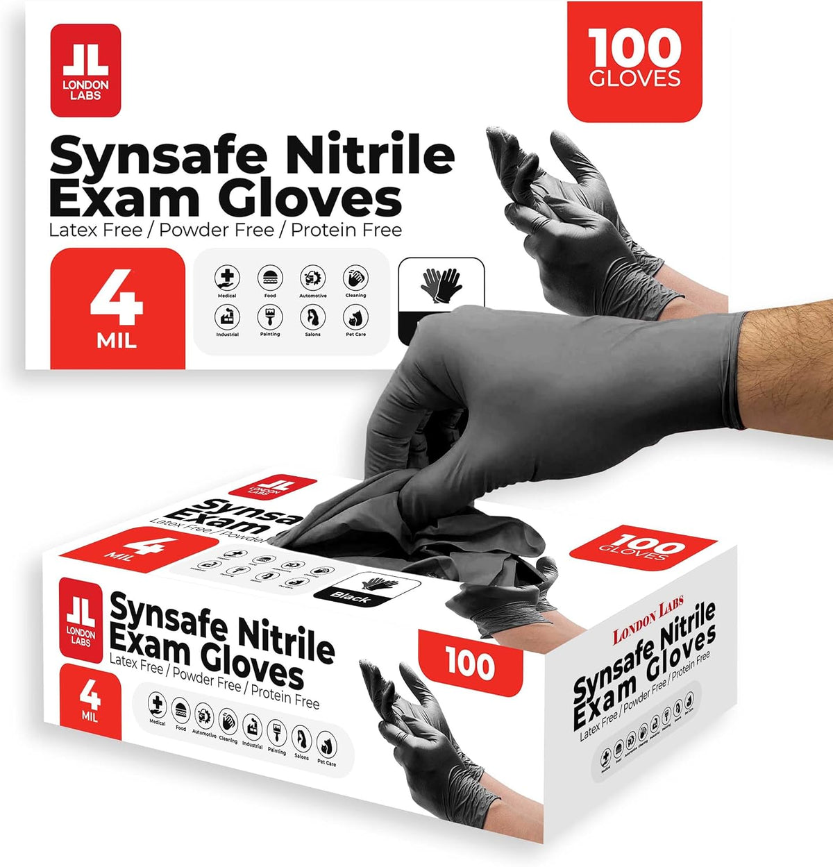 London Labs Synsafe 4 Mil - Black Nitrile Exam Gloves - Disposable Latex Free & Powder Free Rubber Gloves - Medical, Cooking