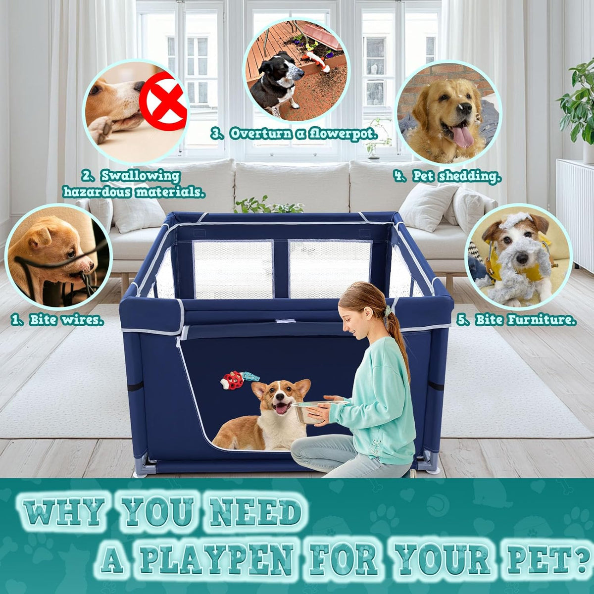XVISHX 42x42 Inches Puppy Playpen with Gate, Dog Playpen for Puppies or Small Dogs, DogFence Pet Playpen for Indoor & Outdoor, Sturdy Safety DogPen with Thickened Fabric, High-Strength Nylon Wire Mesh