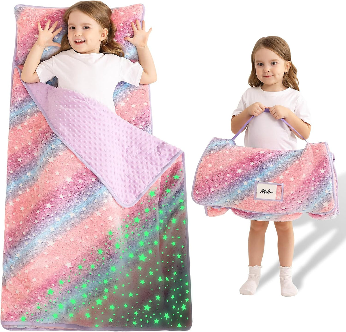 Lasoftan Toddler Nap Mat with Pillow and Blanket, Extra Large Rolled Napping Mats,Slumber Bags for Boys Girls,Kids Sleeping Bag for Daycare, Preschool Travel Camping