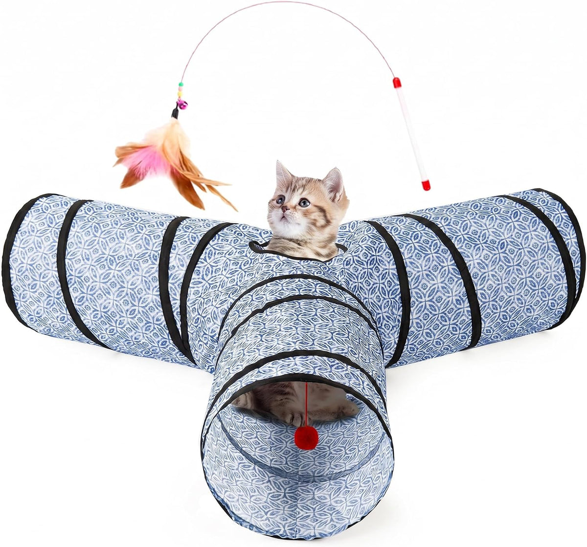Tempcore Cat Tunnel, 3-Way Collapsible Toy for Indoor Cats, Black & Blue