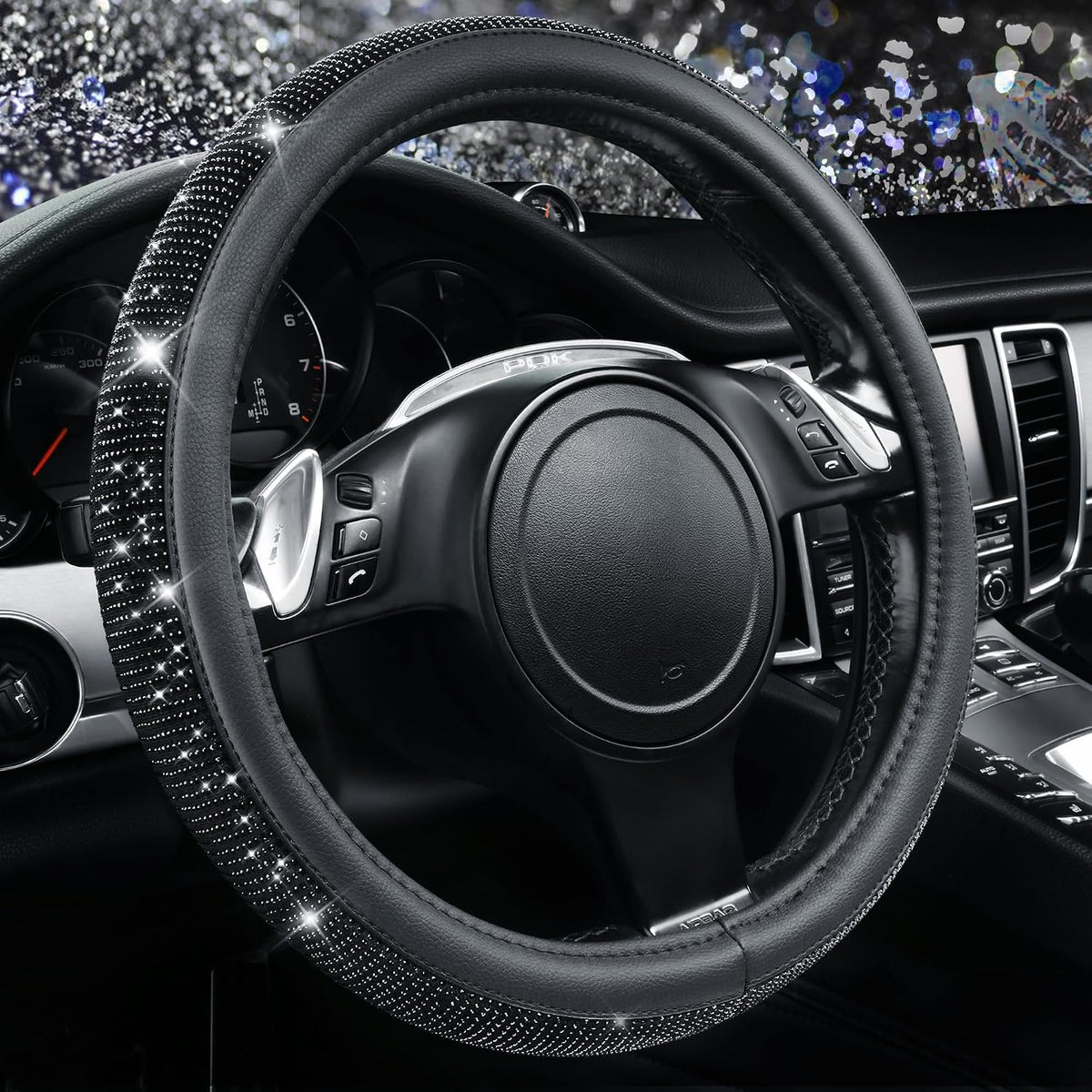 CAR PASS Bling Diamond Leather Steering Wheel Cover, with Bling Sparkly Crystal Glitter Rhinestones Universal Fit 14.5in-15in Car Wheel Protector for Women Girl Fit Suvs,Vans,Sedans,Car,Trucks, Silver
